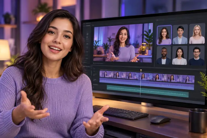Un sympathique présentateur numérique sur un écran de montage vidéo doté d’une interface crédible de sélection d’avatars.