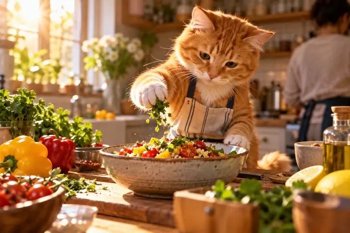 Un chat roux à un plan de travail de cuisine, préparant des aliments colorés dans la douce lumière du matin, en gros plan cinématographique.