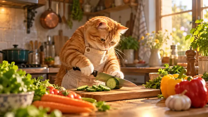 Un chat roux préparant des légumes sur un plan de travail de cuisine, dans un aperçu vidéo chaleureux et cinématographique.