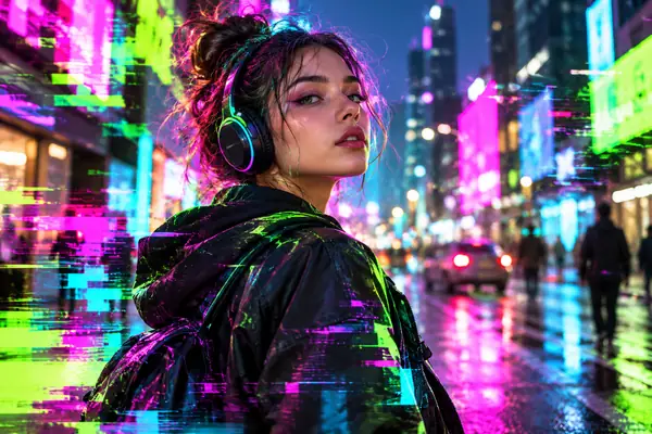 Portrait mode d’un jeune créatif portant un casque audio, avec des effets glitch magenta, cyan et vert citron éclatants dans une rue de ville.