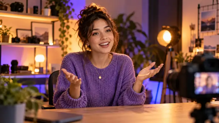 Créateur souriant présentant une idée dans une image tirée d’une vidéo tournée en studio sous un éclairage chaleureux.