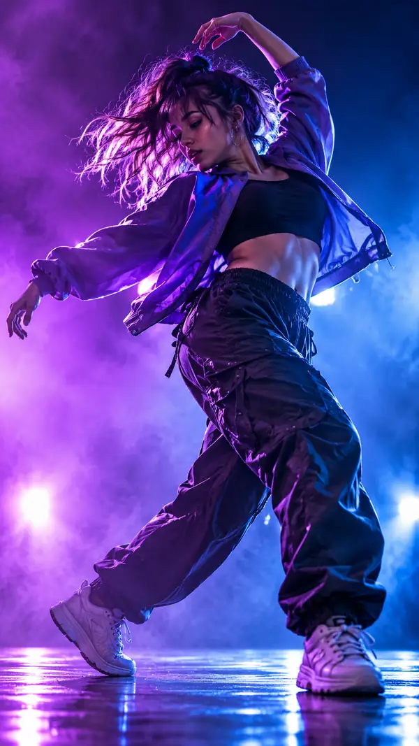 Danseur énergique sous un éclairage de spectacle violet et bleu, cadré en vidéo verticale.