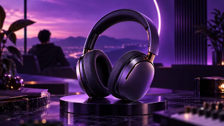 Un casque sans fil haut de gamme sous un éclairage de studio violet spectaculaire, dans un cadrage soigné de vidéo produit.