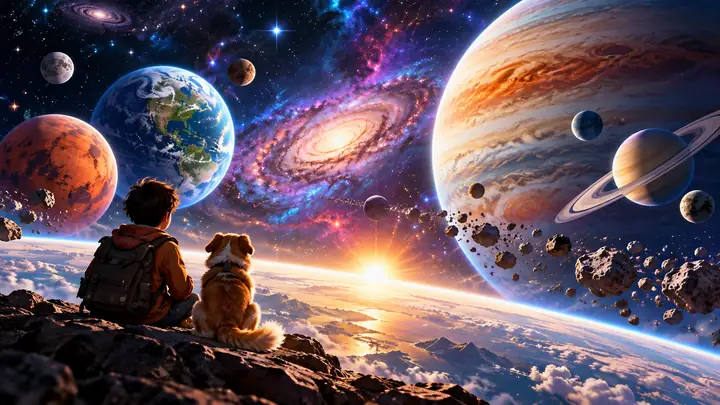 Des planètes colorées sur fond d’espace profond, dans une image d’animation éducative lumineuse et accueillante.
