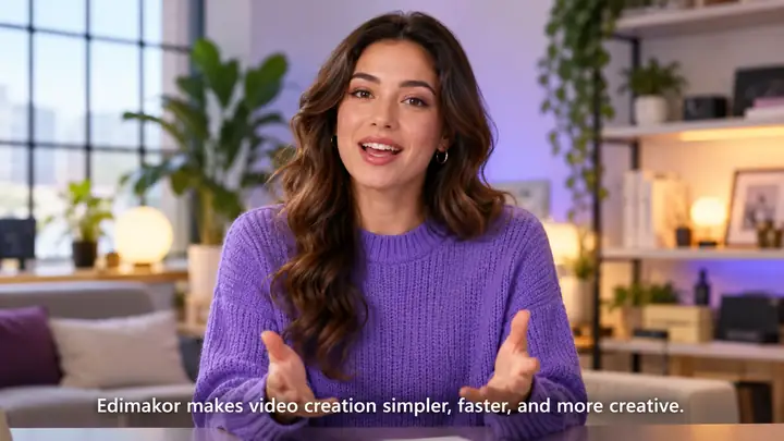 Une personne présentant face caméra dans un studio lumineux, avec une typographie épurée de style sous-titres le long du bord inférieur.