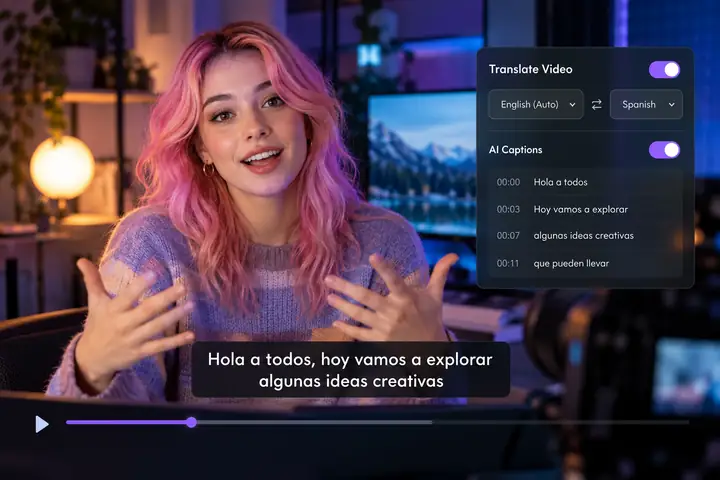 Une présentatrice aux cheveux roses en vidéo, à côté d’un panneau de traduction réaliste et d’un sous-titre traduit, dans un lecteur sombre.
