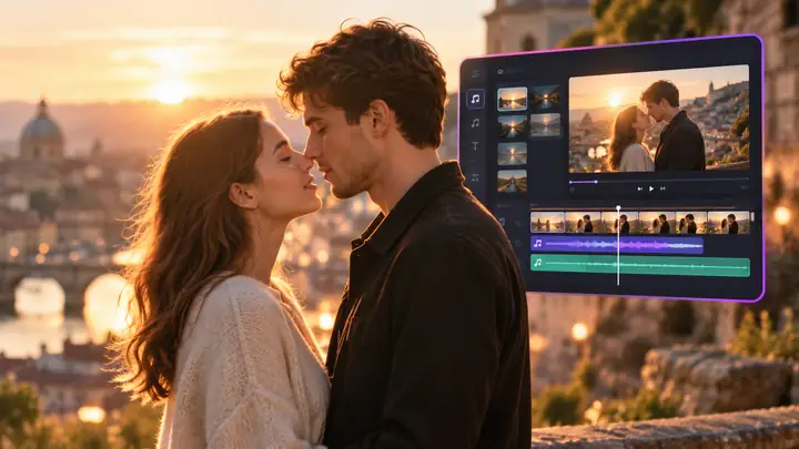 Un couple face à face dans une scène vidéo romantique, à côté d’une interface de montage.