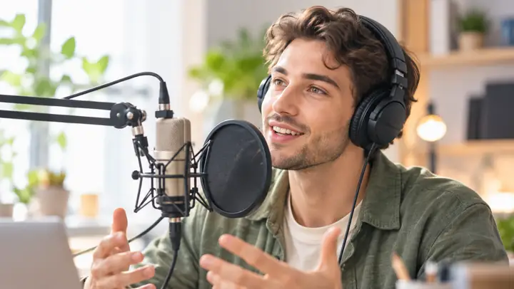 Un présentateur de podcast portant un casque audio, à côté d’un microphone et de commandes d’enregistrement.