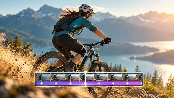 Athlète en mouvement à côté d’une timeline de montage vidéo par images clés.