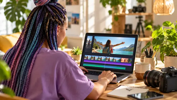 Aperçu d’une production vidéo pour créateurs avec une interface de montage lumineuse.