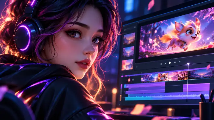 Portrait d’un personnage illustré à côté d’une interface d’animation vidéo.