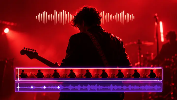 Onde sonore musicale et timeline vidéo sur fond de scène de spectacle rouge dramatique.