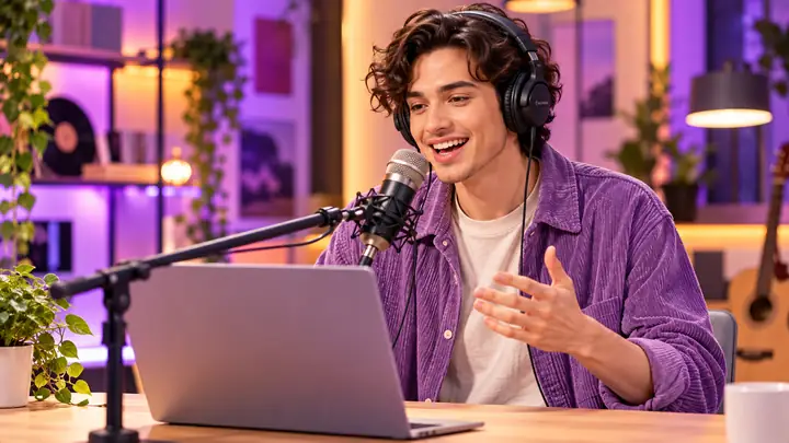 Un présentateur parlant dans un microphone dans l’aperçu d’une fonctionnalité de synthèse vocale.