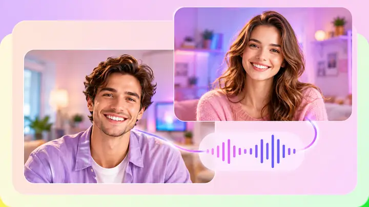 Deux portraits de présentateurs reliés par une onde sonore violette.