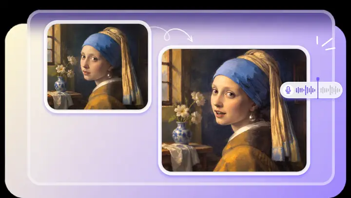 Deux versions d’un portrait peint classique présentées dans une interface de photo parlante.