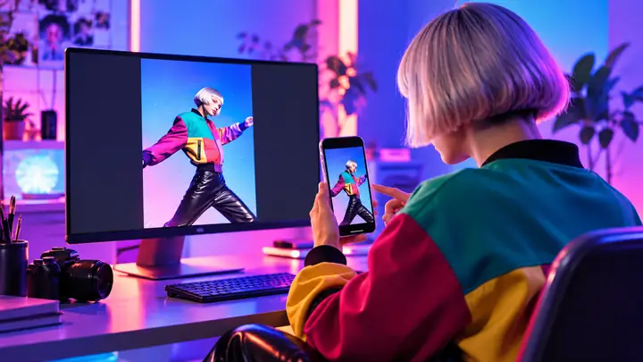 Aperçu d’une vidéo verticale pour les réseaux sociaux dans un espace de création coloré.