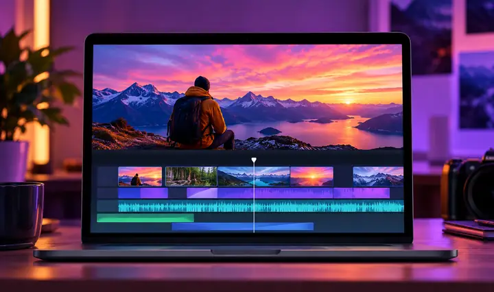 Timeline d’un logiciel de montage vidéo affichée sur un écran d’ordinateur.
