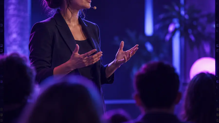 Illustrative image of a presenter speaking without visible caption text