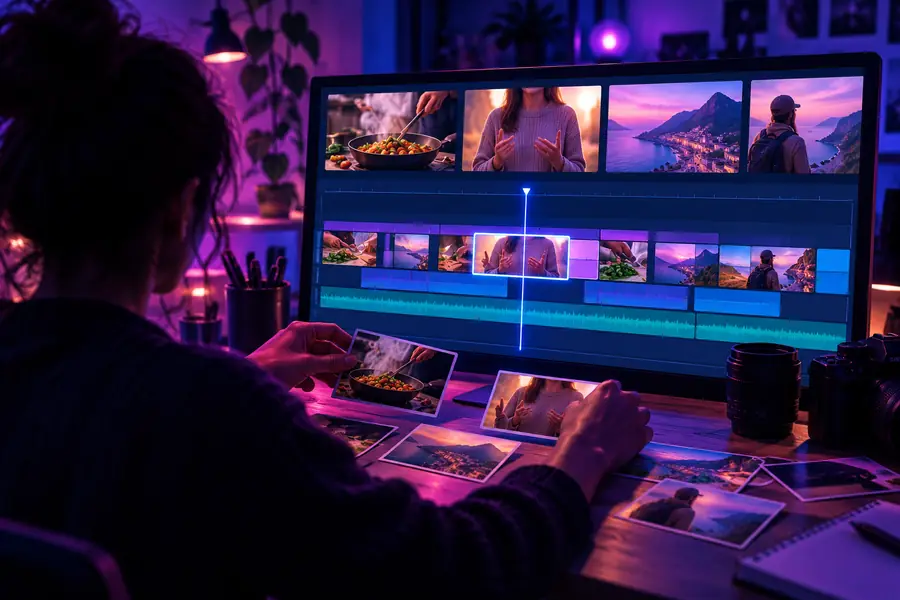 Illustration d’une timeline de montage vidéo pendant l’assemblage