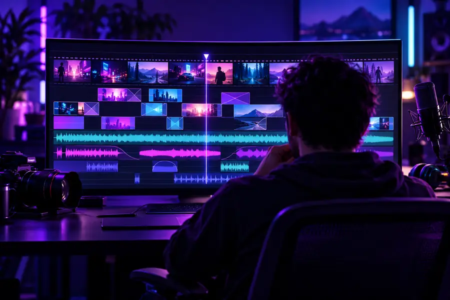 Illustrative video editing timeline on a desktop display